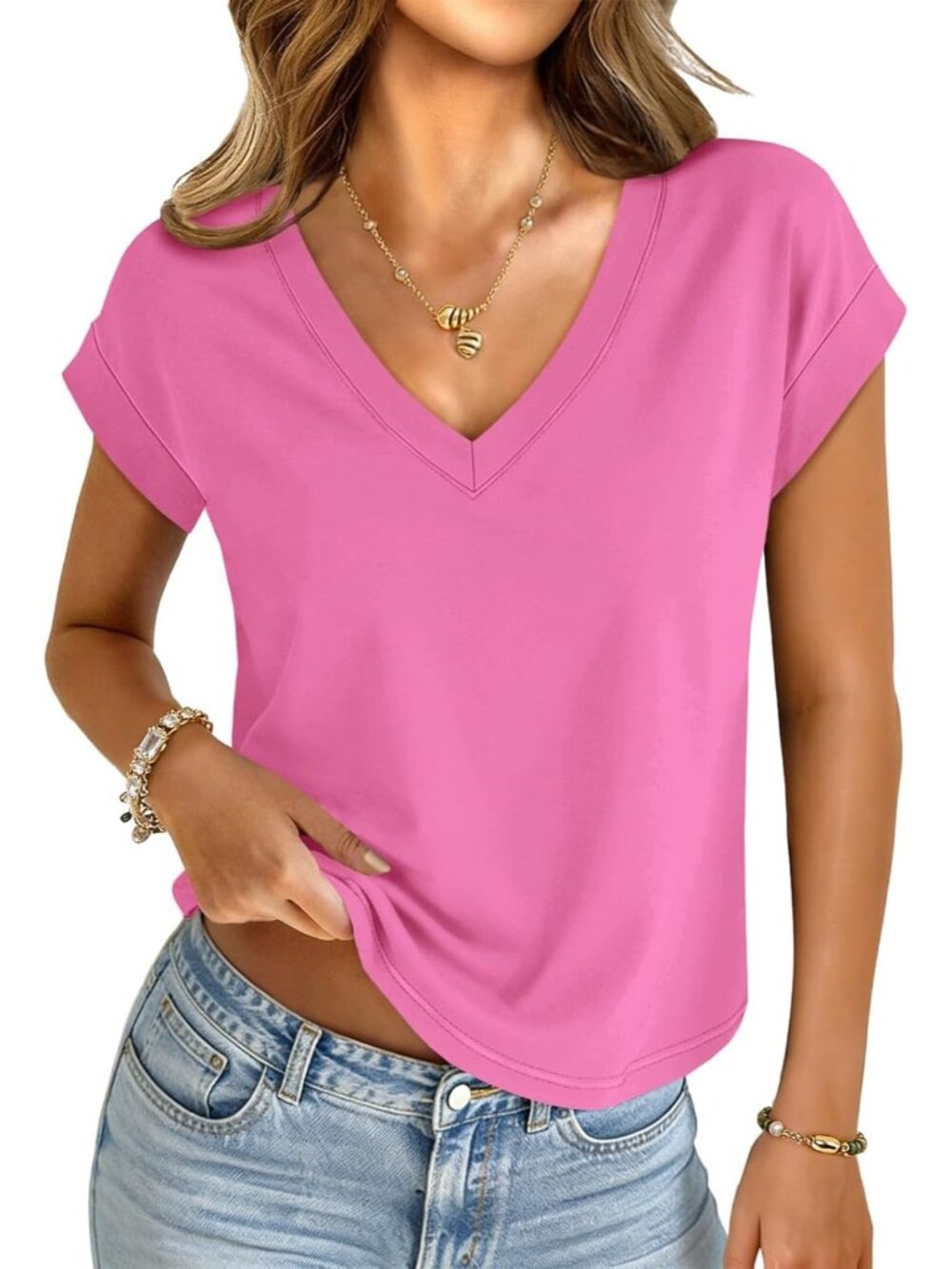 Women's Hot Pink V Neck Cap Sleeve Summer Basic Loose Fit Pull On Crop Tops